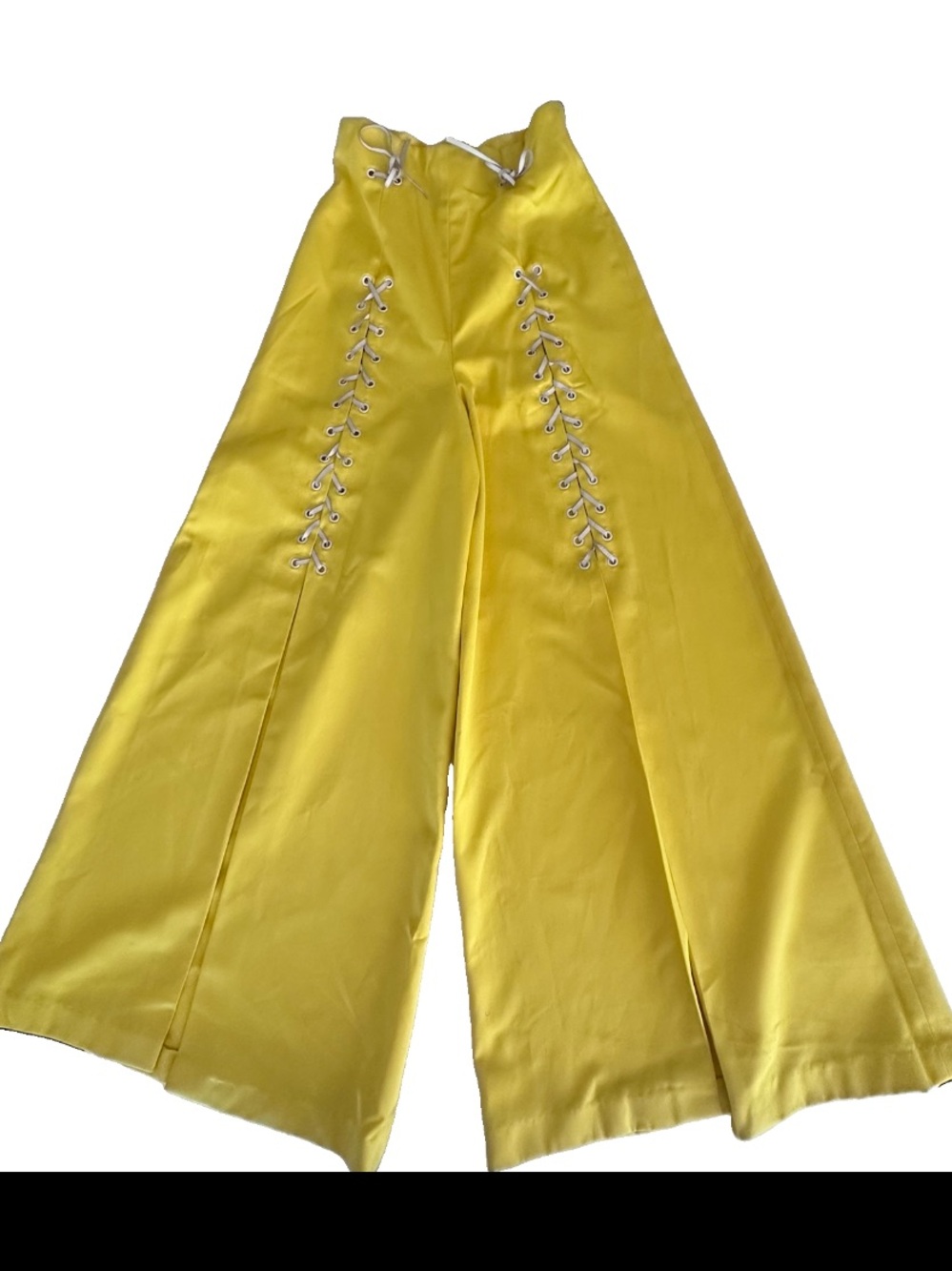 Vintage 1960s Yellow High-Waisted Wide Leg Lace-Up Palazzo Pants Genuine Leather